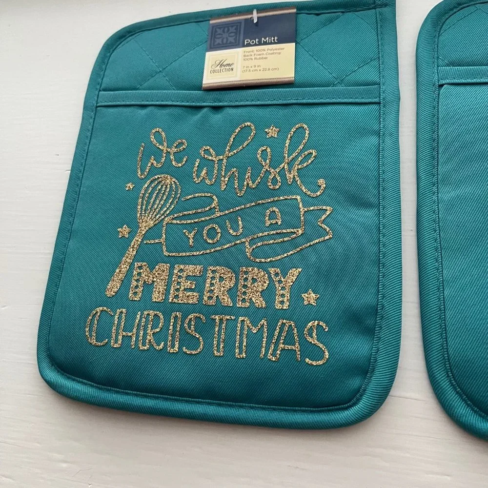 New Teal We Whisk You a Merry Christmas Custom Potholders Set of 2